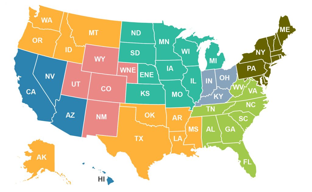 Map of the United States broken up by sales rep territory.